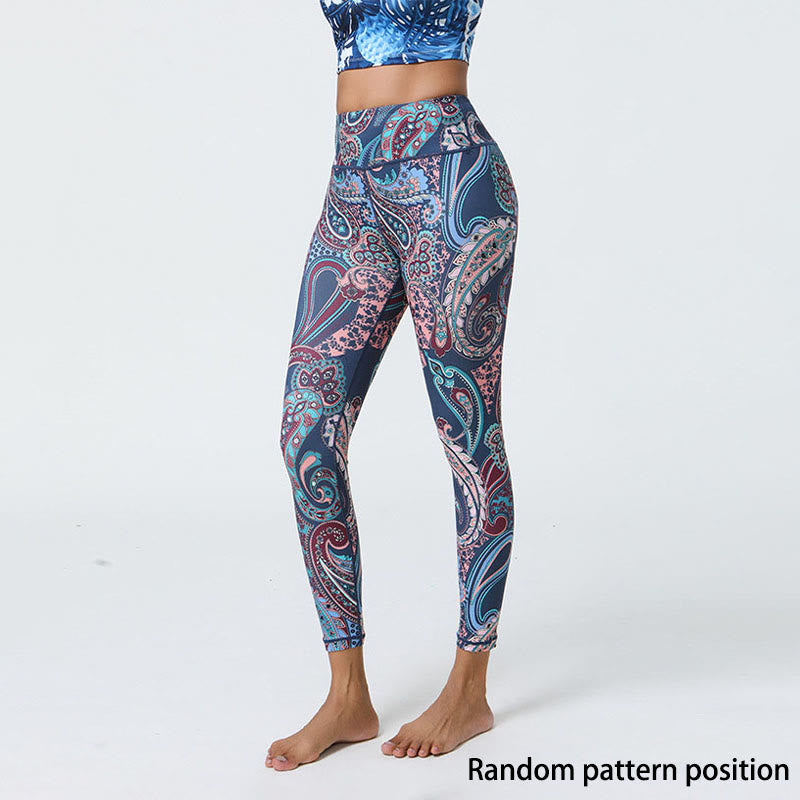 Buddha Stones flores plumas sol luna impresión deportes fitness yoga cintura alta polainas pantalones de mujer - image 1