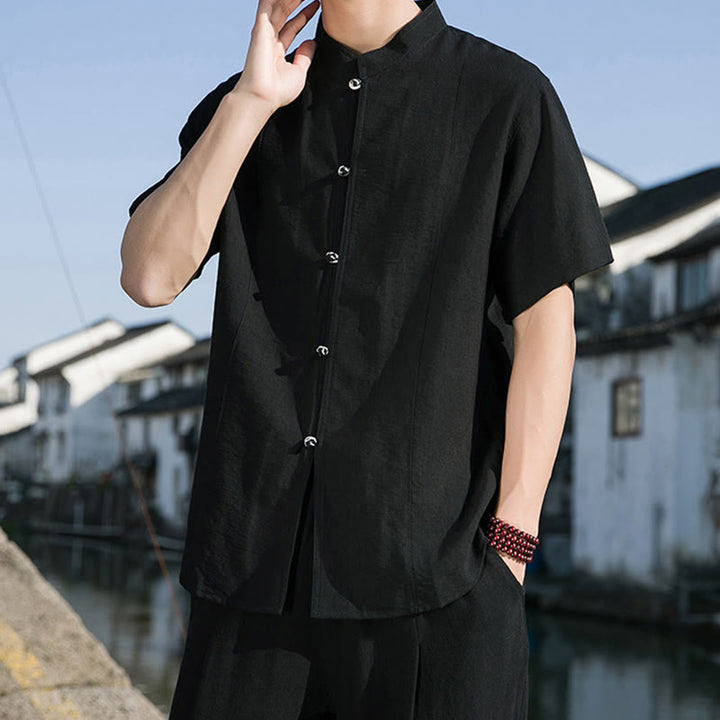 Camisa de algodón de media manga para hombre con diseño de botones frontales de color liso de verano con Buddha Stones - image 14