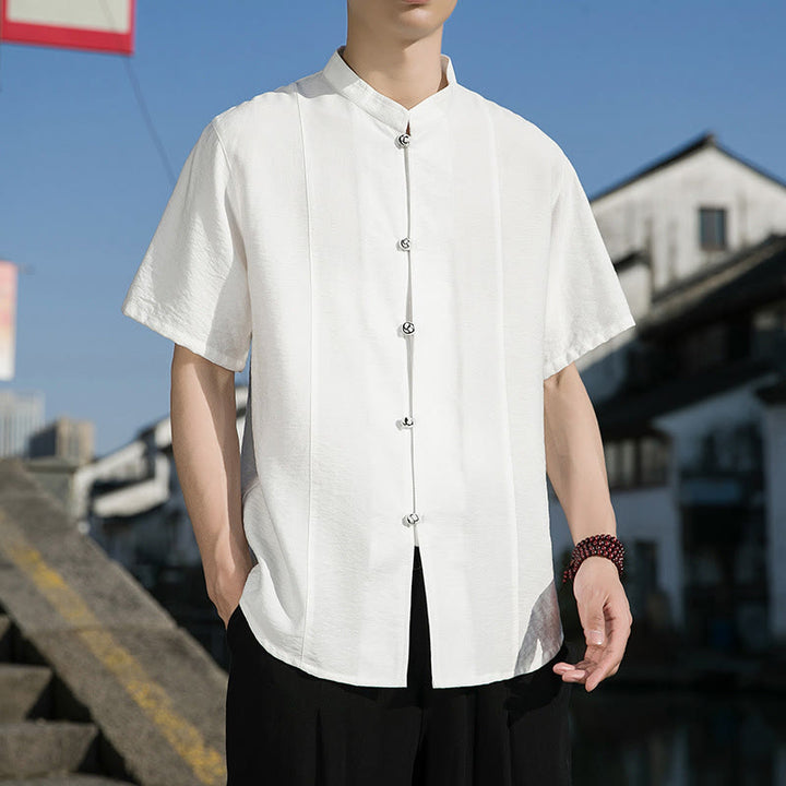 Camisa de algodón de media manga para hombre con diseño de botones frontales de color liso de verano con Buddha Stones - image 2