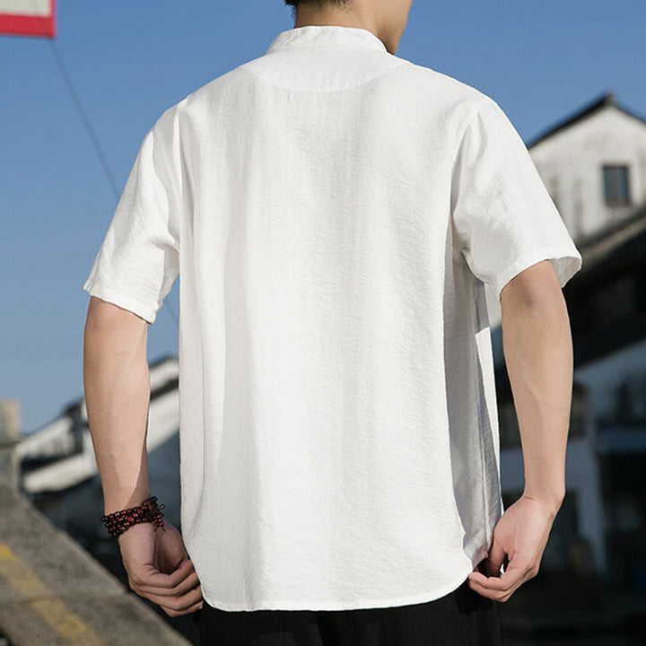 Camisa de algodón de media manga para hombre con diseño de botones frontales de color liso de verano con Buddha Stones - image 8