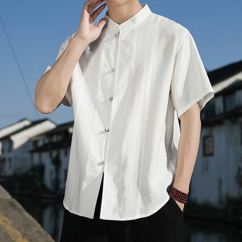 Camisa de algodón de media manga para hombre con diseño de botones frontales de color liso de verano con Buddha Stones - image 4