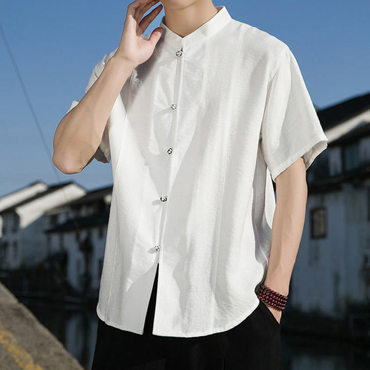 Camisa de algodón de media manga para hombre con diseño de botones frontales de color liso de verano con Buddha Stones - image 4