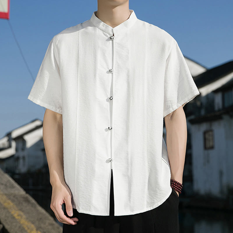 Camisa de algodón de media manga para hombre con diseño de botones frontales de color liso de verano con Buddha Stones - image 5