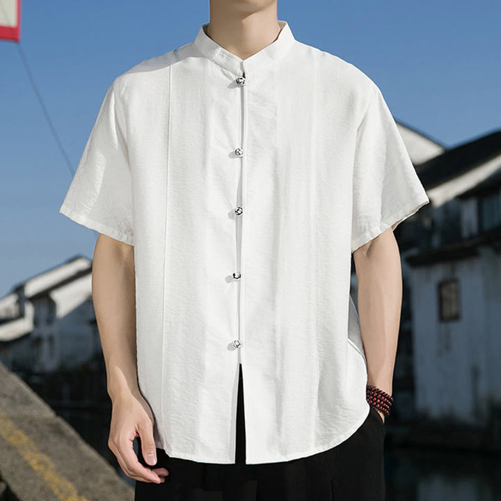 Camisa de algodón de media manga para hombre con diseño de botones frontales de color liso de verano con Buddha Stones - image 5