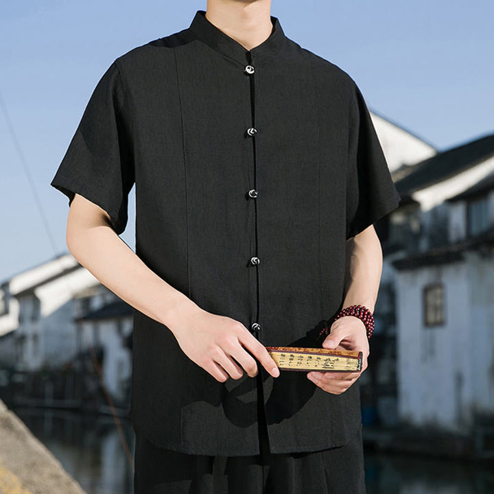 Camisa de algodón de media manga para hombre con diseño de botones frontales de color liso de verano con Buddha Stones - image 19