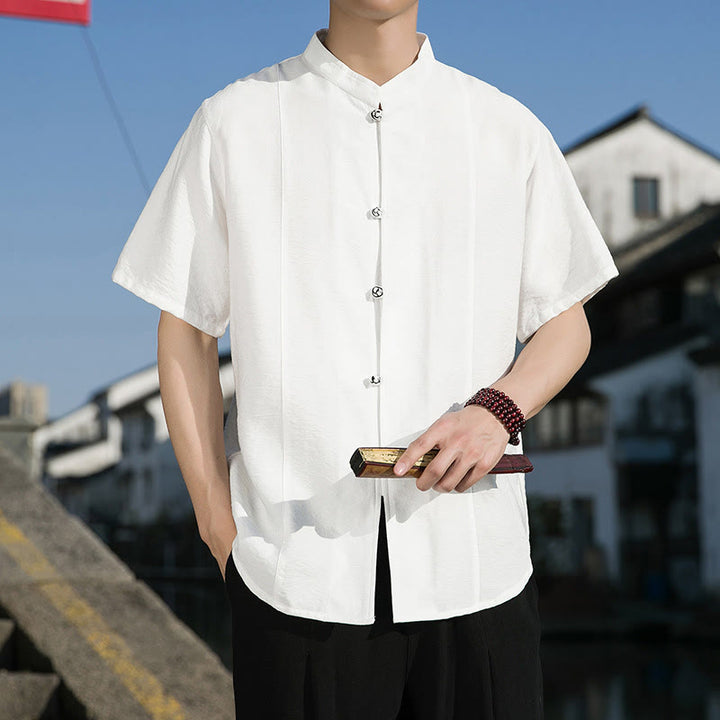 Camisa de algodón de media manga para hombre con diseño de botones frontales de color liso de verano con Buddha Stones - Blanco - US/UK/AU42, EU52 (3XL) - image 0