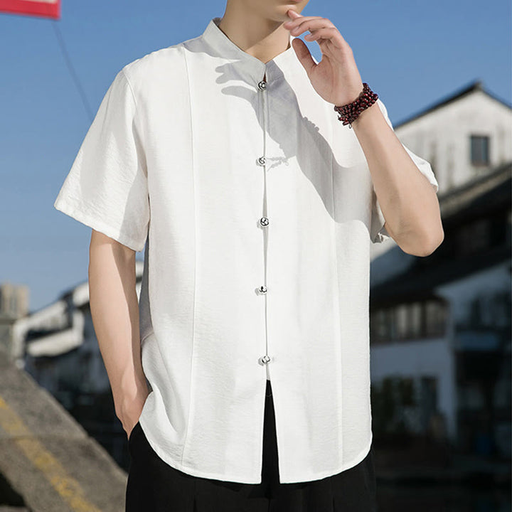 Camisa de algodón de media manga para hombre con diseño de botones frontales de color liso de verano con Buddha Stones - image 6