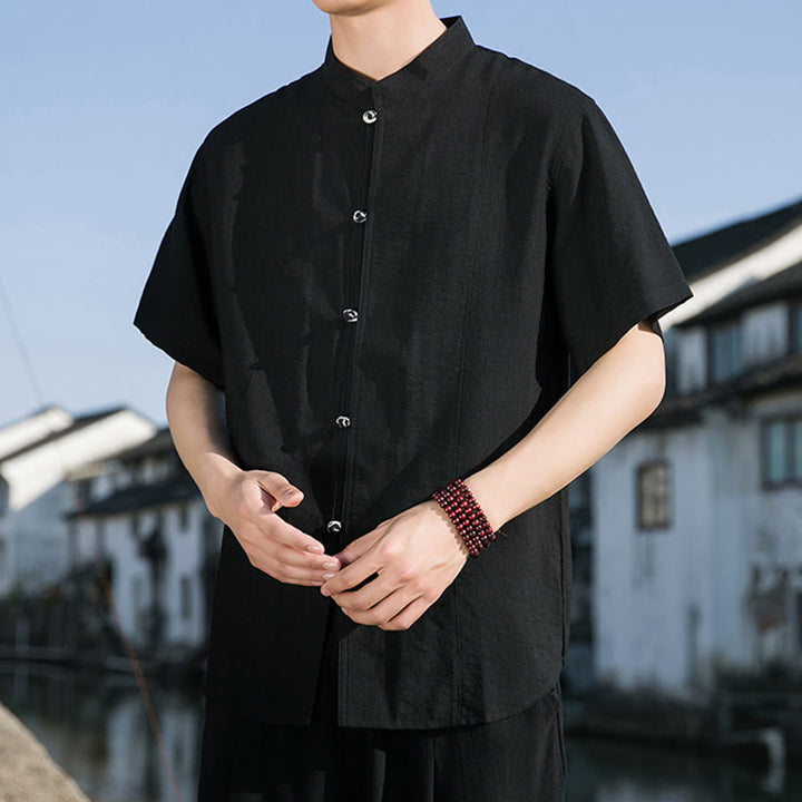 Camisa de algodón de media manga para hombre con diseño de botones frontales de color liso de verano con Buddha Stones - image 17