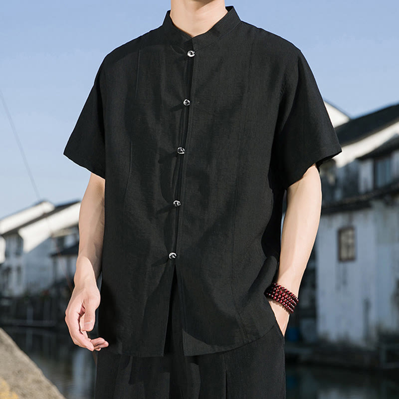 Camisa de algodón de media manga para hombre con diseño de botones frontales de color liso de verano con Buddha Stones - image 13