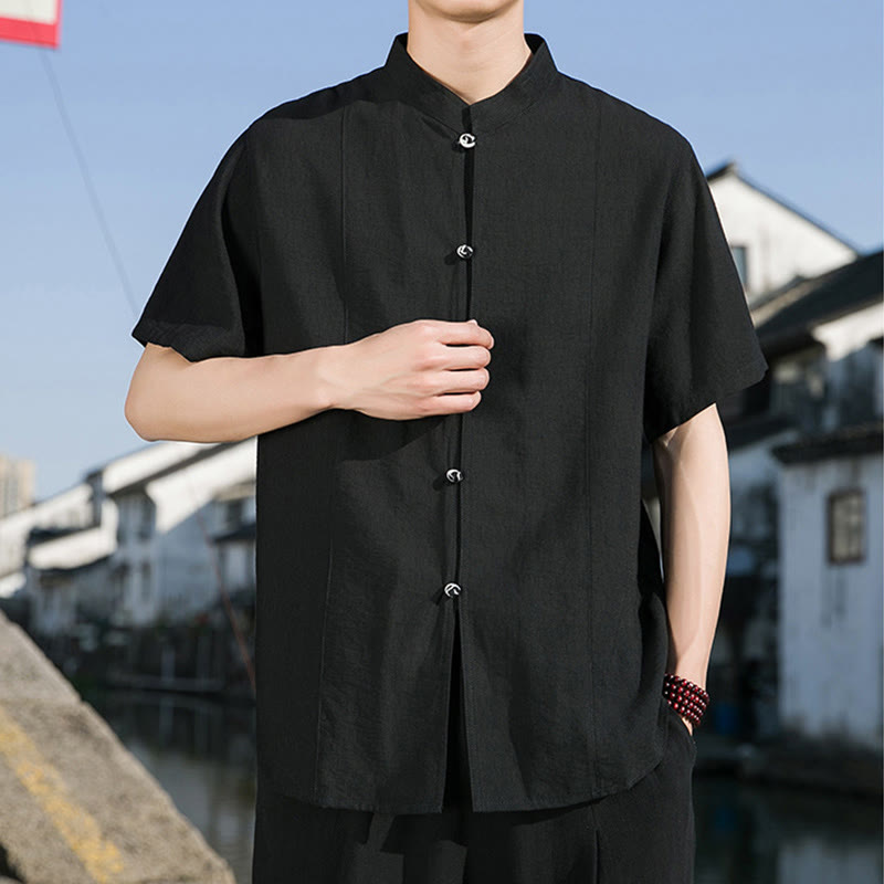Camisa de algodón de media manga para hombre con diseño de botones frontales de color liso de verano con Buddha Stones - image 18