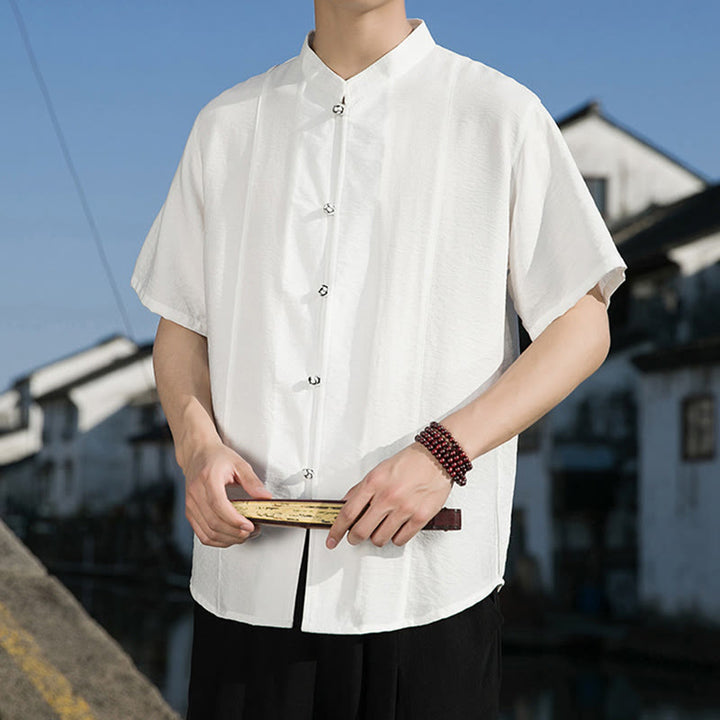 Camisa de algodón de media manga para hombre con diseño de botones frontales de color liso de verano con Buddha Stones - image 1