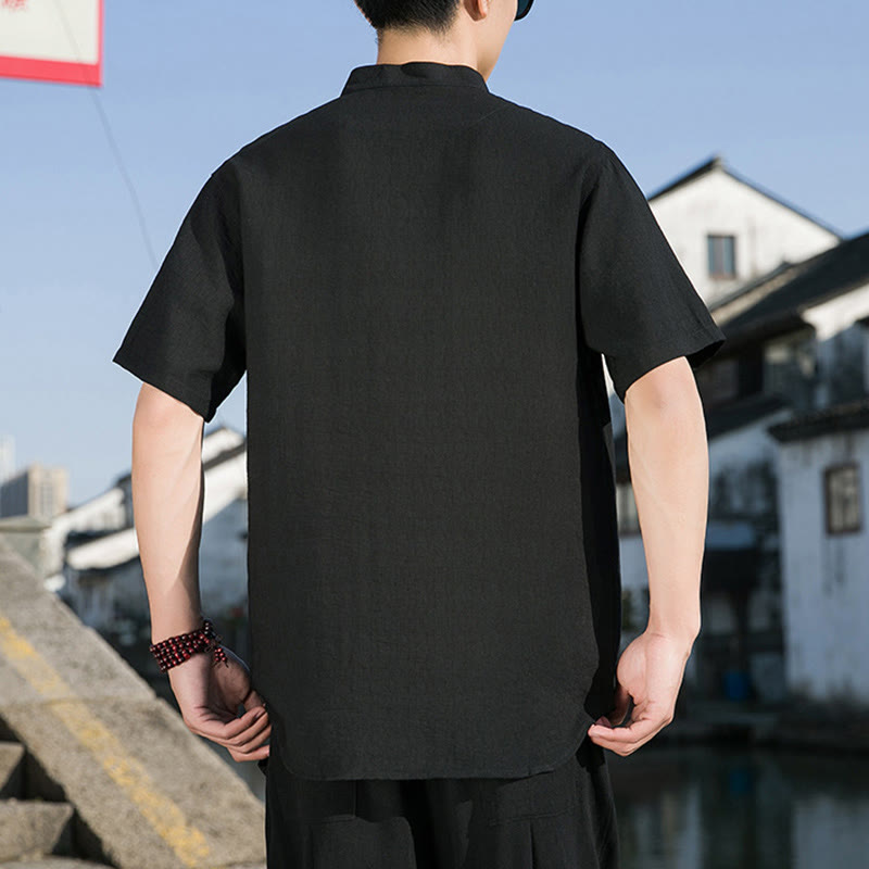 Camisa de algodón de media manga para hombre con diseño de botones frontales de color liso de verano con Buddha Stones - image 15