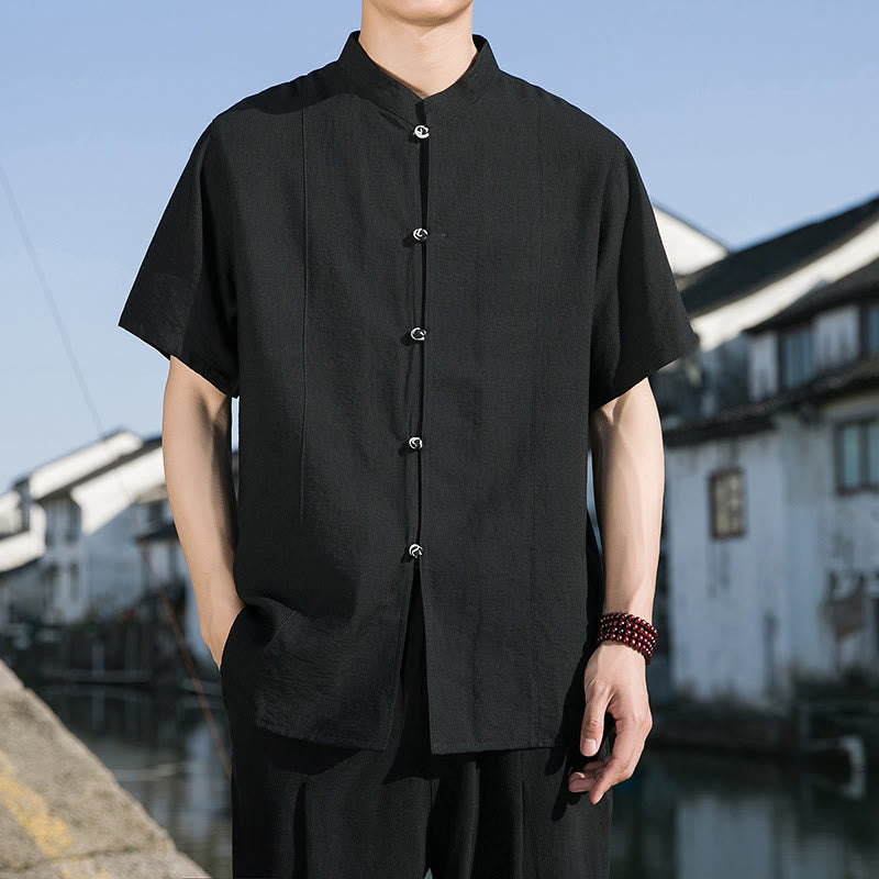 Camisa de algodón de media manga para hombre con diseño de botones frontales de color liso de verano con Buddha Stones - Negro - US/UK/AU42, EU52 (3XL) - image 12