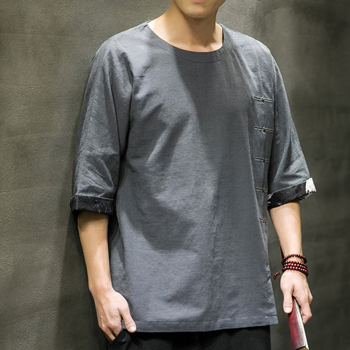 Camiseta de lino y algodón con diseño de patchwork de color sólido retro de verano con Buddha Stones para hombre, manga tres cuartos - image 19