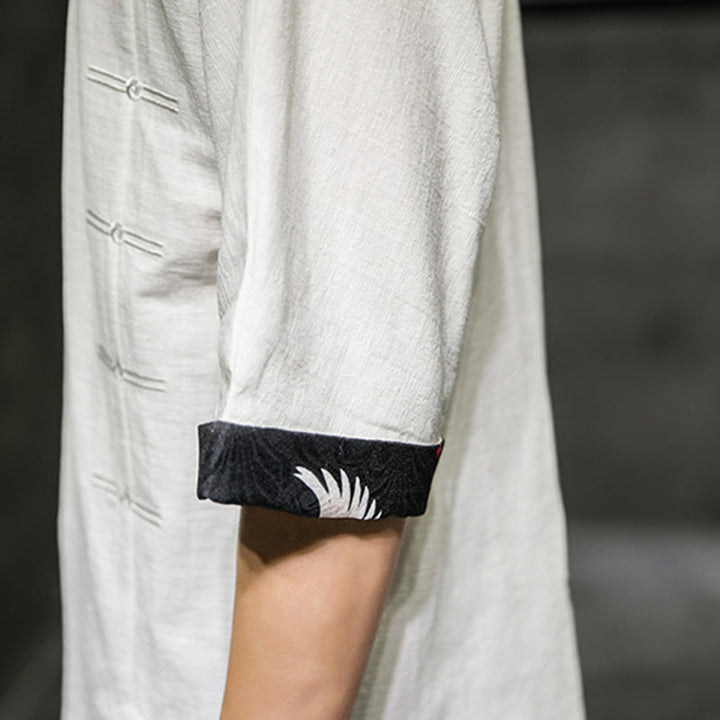 Camiseta de lino y algodón con diseño de patchwork de color sólido retro de verano con Buddha Stones para hombre, manga tres cuartos - image 30