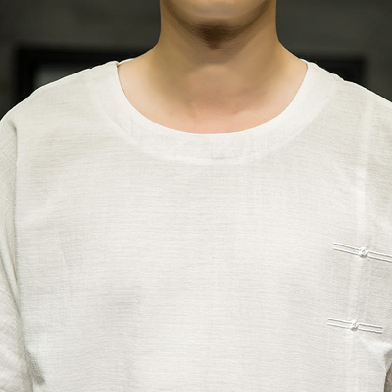 Camiseta de lino y algodón con diseño de patchwork de color sólido retro de verano con Buddha Stones para hombre, manga tres cuartos - image 28