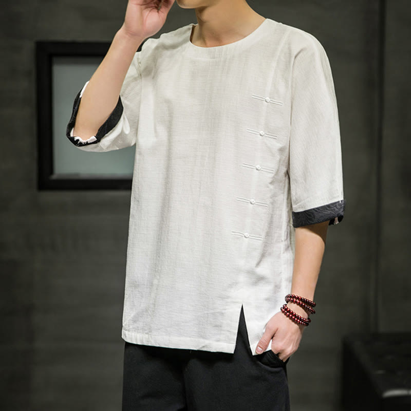 Camiseta de lino y algodón con diseño de patchwork de color sólido retro de verano con Buddha Stones para hombre, manga tres cuartos - image 24