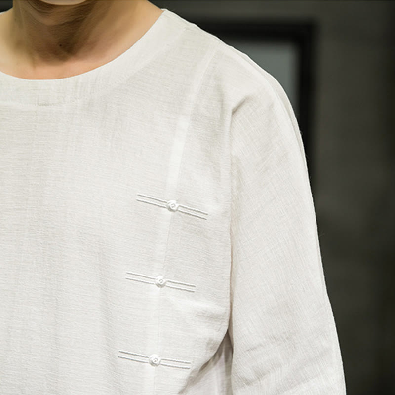 Camiseta de lino y algodón con diseño de patchwork de color sólido retro de verano con Buddha Stones para hombre, manga tres cuartos - image 29