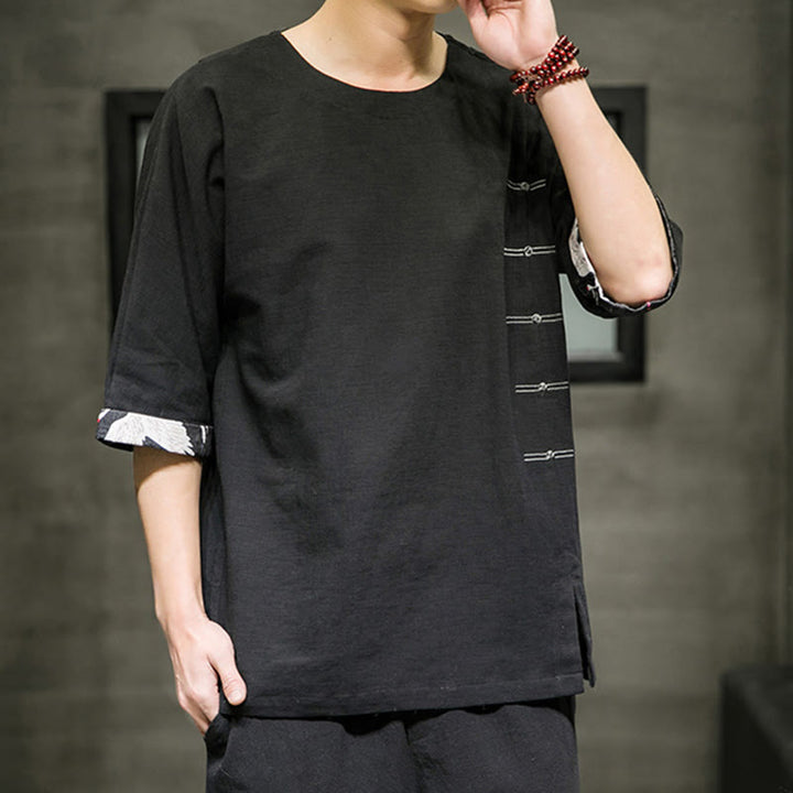 Camiseta de lino y algodón con diseño de patchwork de color sólido retro de verano con Buddha Stones para hombre, manga tres cuartos - Negro - US/UK/AU46, EU56 (5XL) - image 0