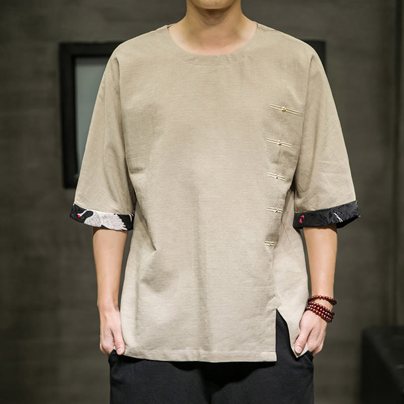 Camiseta de lino y algodón con diseño de patchwork de color sólido retro de verano con Buddha Stones para hombre, manga tres cuartos - Vara de oro pálida - US/UK/AU46, EU56 (5XL) - image 7