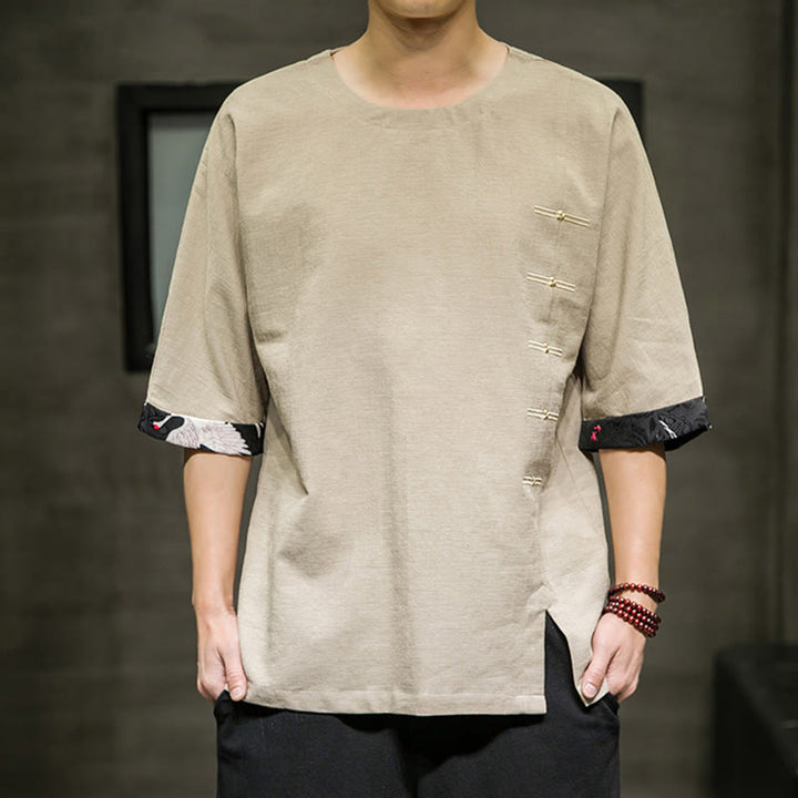 Camiseta de lino y algodón con diseño de patchwork de color sólido retro de verano con Buddha Stones para hombre, manga tres cuartos - Vara de oro pálida - US/UK/AU46, EU56 (5XL) - image 7
