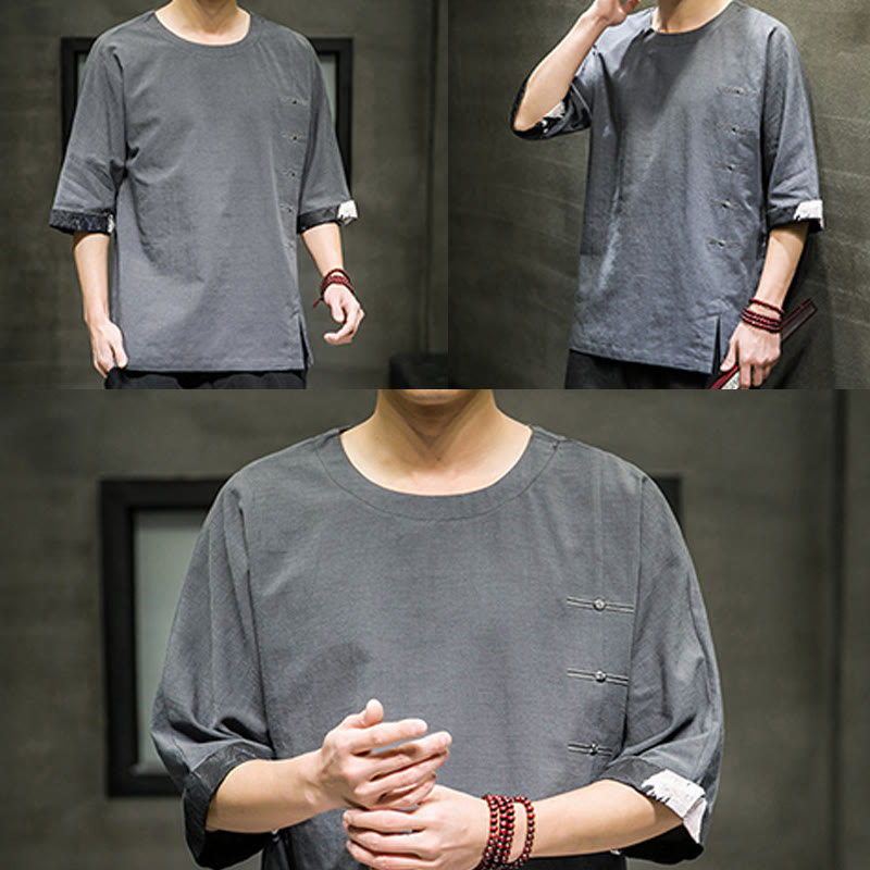 Camiseta de lino y algodón con diseño de patchwork de color sólido retro de verano con Buddha Stones para hombre, manga tres cuartos - image 22