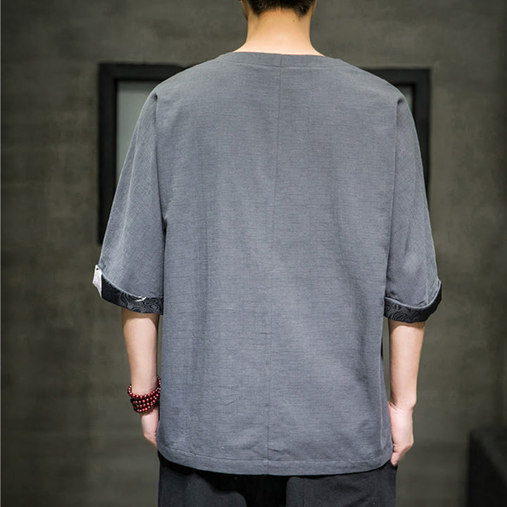Camiseta de lino y algodón con diseño de patchwork de color sólido retro de verano con Buddha Stones para hombre, manga tres cuartos - image 17