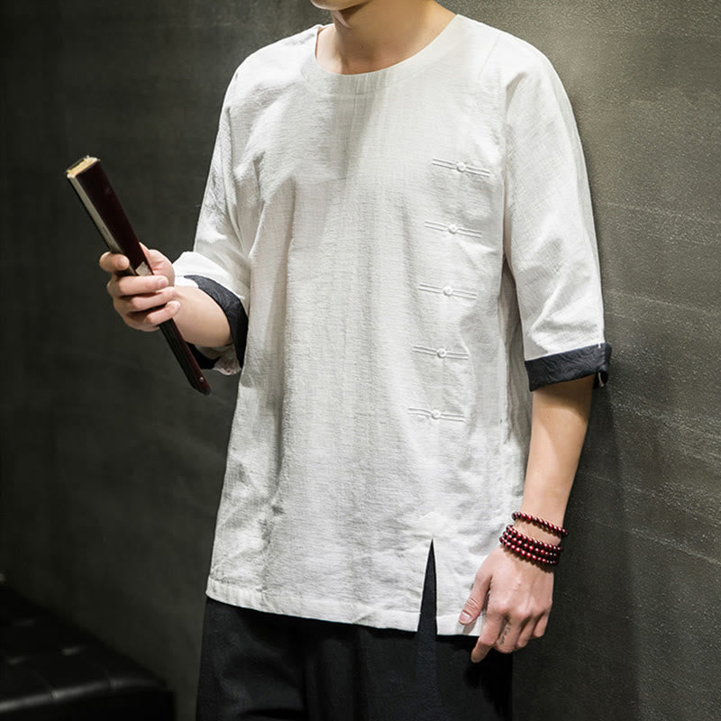 Camiseta de lino y algodón con diseño de patchwork de color sólido retro de verano con Buddha Stones para hombre, manga tres cuartos - image 26