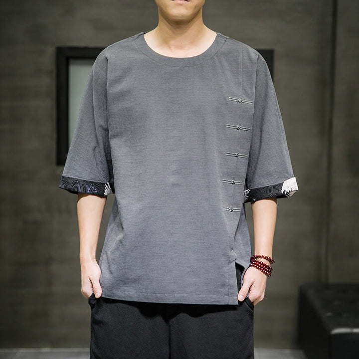 Camiseta de lino y algodón con diseño de patchwork de color sólido retro de verano con Buddha Stones para hombre, manga tres cuartos - Gris pizarra claro - US/UK/AU46, EU56 (5XL) - image 14