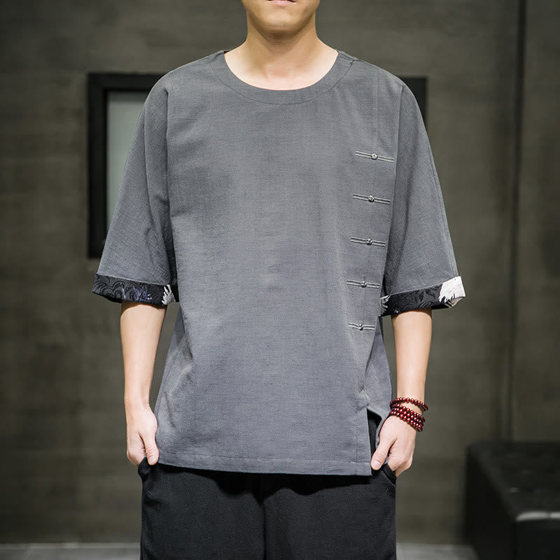 Camiseta de lino y algodón con diseño de patchwork de color sólido retro de verano con Buddha Stones para hombre, manga tres cuartos - Gris pizarra claro - US/UK/AU46, EU56 (5XL) - image 14