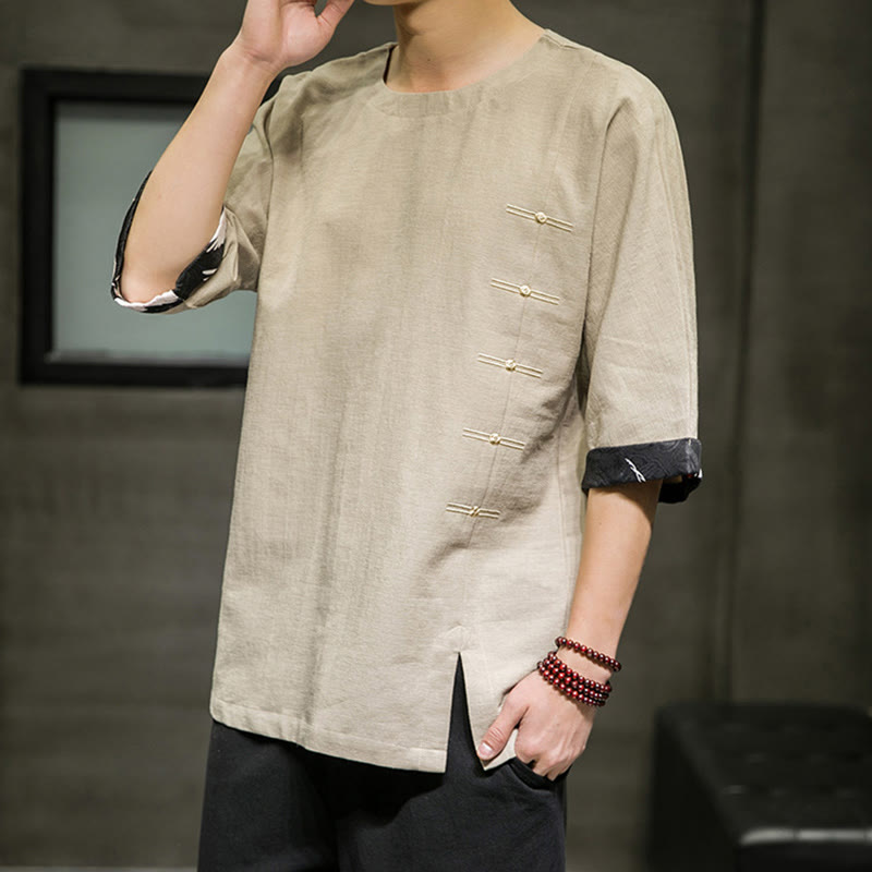 Camiseta de lino y algodón con diseño de patchwork de color sólido retro de verano con Buddha Stones para hombre, manga tres cuartos - image 9