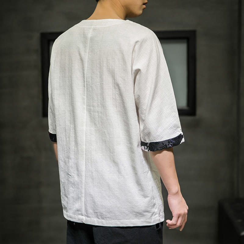 Camiseta de lino y algodón con diseño de patchwork de color sólido retro de verano con Buddha Stones para hombre, manga tres cuartos - image 25