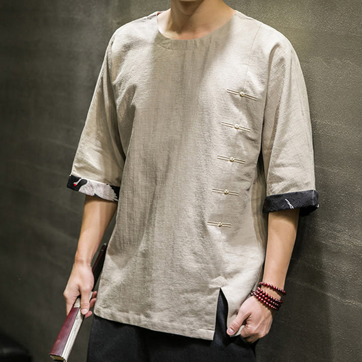 Camiseta de lino y algodón con diseño de patchwork de color sólido retro de verano con Buddha Stones para hombre, manga tres cuartos - image 11