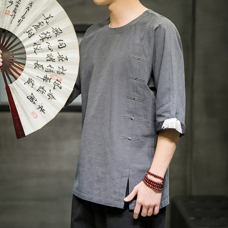 Camiseta de lino y algodón con diseño de patchwork de color sólido retro de verano con Buddha Stones para hombre, manga tres cuartos - image 20