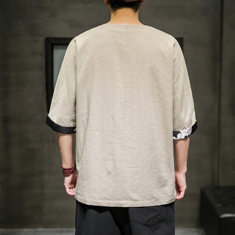 Camiseta de lino y algodón con diseño de patchwork de color sólido retro de verano con Buddha Stones para hombre, manga tres cuartos - image 9