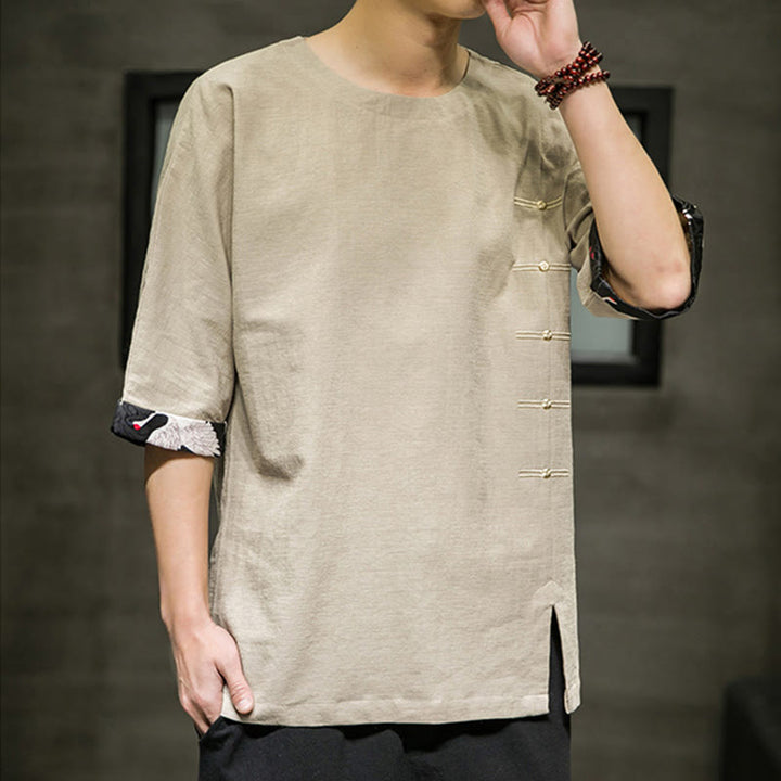 Camiseta de lino y algodón con diseño de patchwork de color sólido retro de verano con Buddha Stones para hombre, manga tres cuartos - image 10