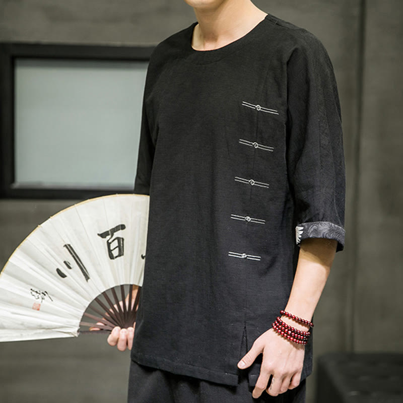 Camiseta de lino y algodón con diseño de patchwork de color sólido retro de verano con Buddha Stones para hombre, manga tres cuartos - image 5
