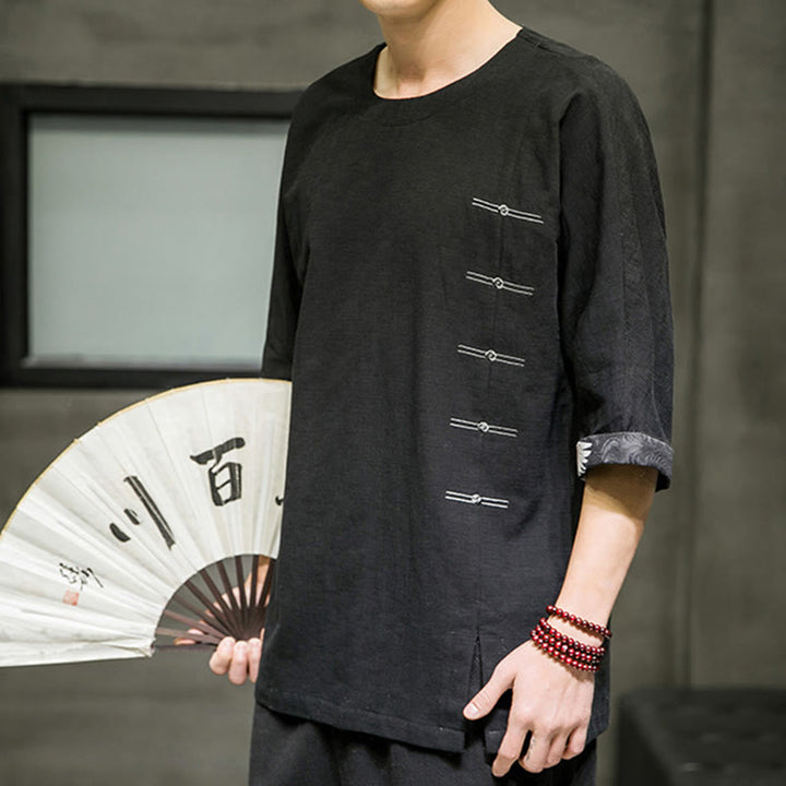 Camiseta de lino y algodón con diseño de patchwork de color sólido retro de verano con Buddha Stones para hombre, manga tres cuartos - image 5