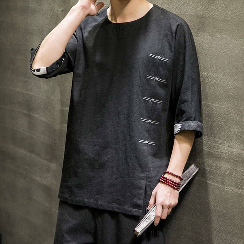 Camiseta de lino y algodón con diseño de patchwork de color sólido retro de verano con Buddha Stones para hombre, manga tres cuartos - image 5