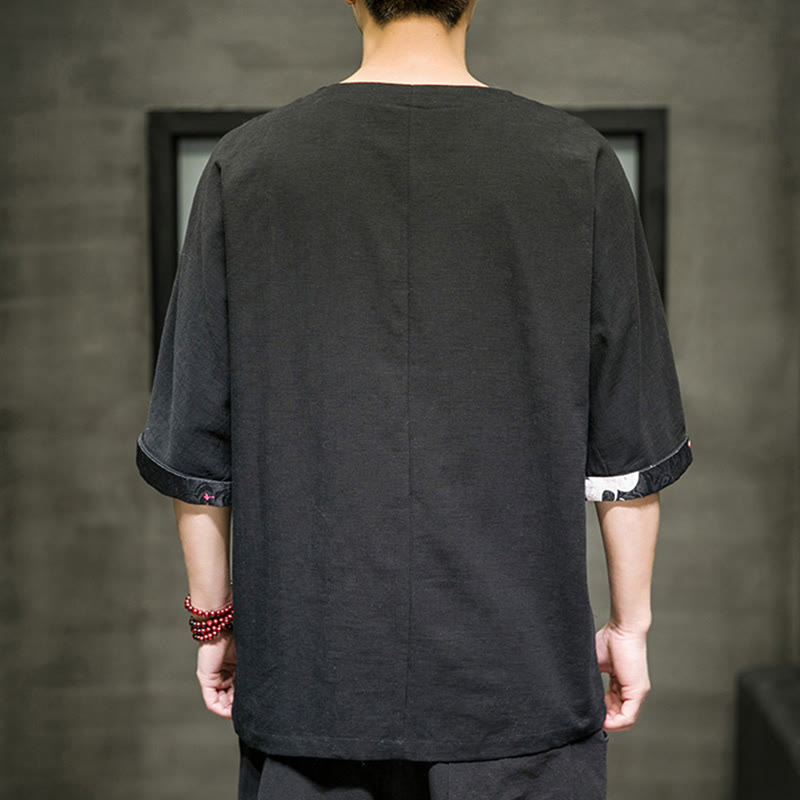 Camiseta de lino y algodón con diseño de patchwork de color sólido retro de verano con Buddha Stones para hombre, manga tres cuartos - image 3