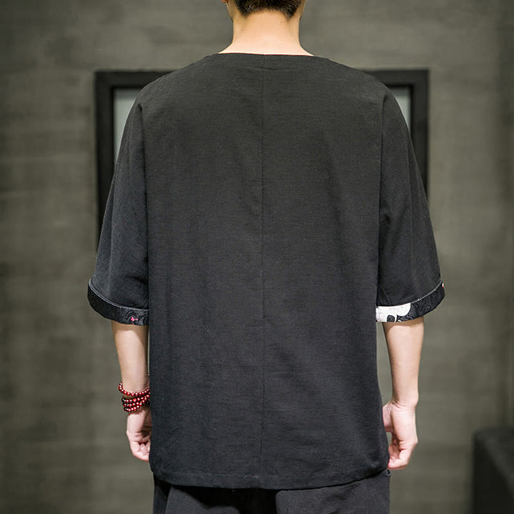 Camiseta de lino y algodón con diseño de patchwork de color sólido retro de verano con Buddha Stones para hombre, manga tres cuartos - image 3