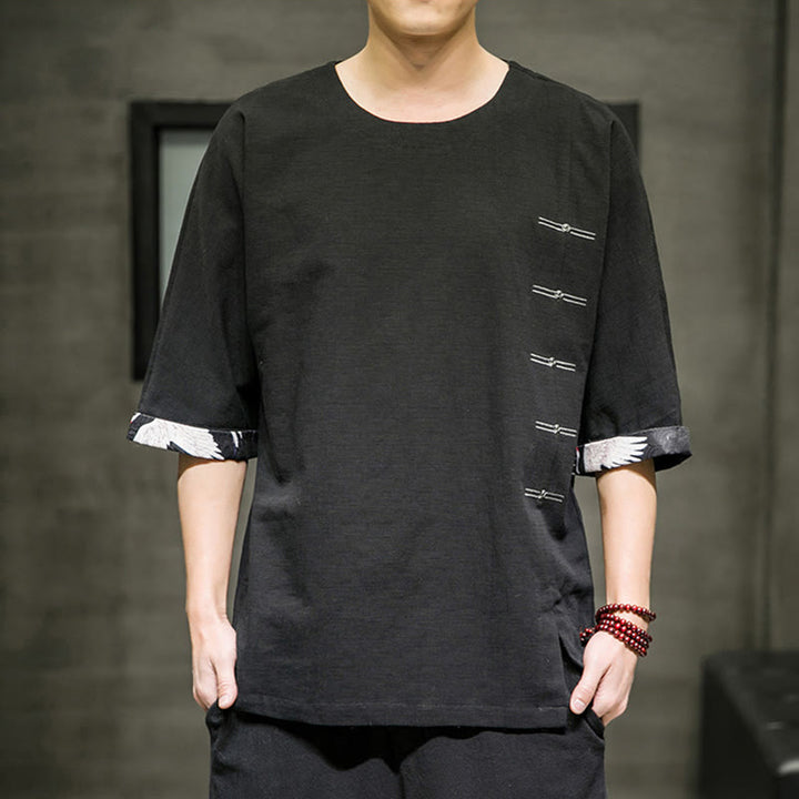 Camiseta de lino y algodón con diseño de patchwork de color sólido retro de verano con Buddha Stones para hombre, manga tres cuartos - image 1