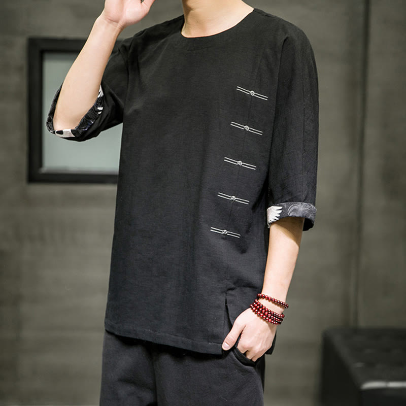 Camiseta de lino y algodón con diseño de patchwork de color sólido retro de verano con Buddha Stones para hombre, manga tres cuartos - image 2