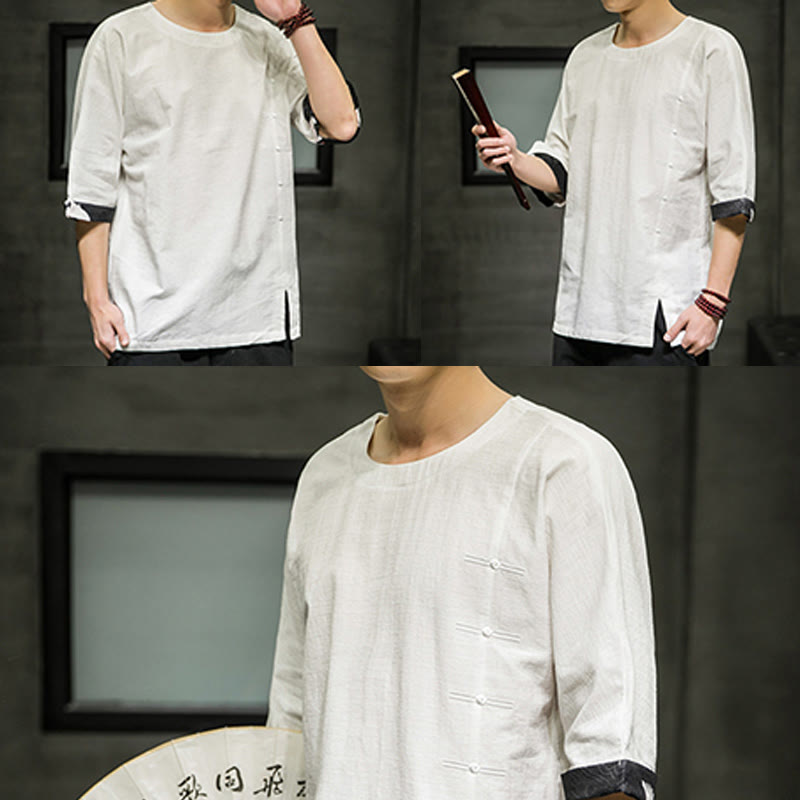 Camiseta de lino y algodón con diseño de patchwork de color sólido retro de verano con Buddha Stones para hombre, manga tres cuartos - image 32