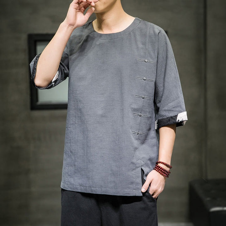 Camiseta de lino y algodón con diseño de patchwork de color sólido retro de verano con Buddha Stones para hombre, manga tres cuartos - image 15