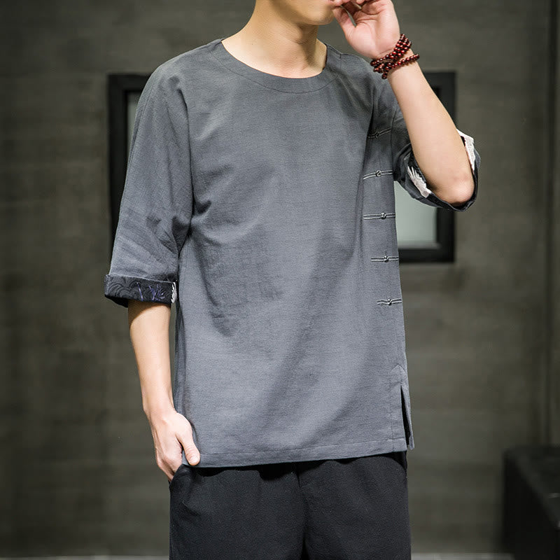 Camiseta de lino y algodón con diseño de patchwork de color sólido retro de verano con Buddha Stones para hombre, manga tres cuartos - image 17