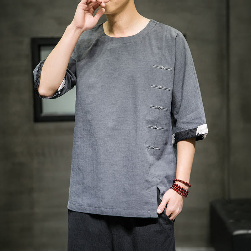 Camiseta de lino y algodón con diseño de patchwork de color sólido retro de verano con Buddha Stones para hombre, manga tres cuartos - image 15