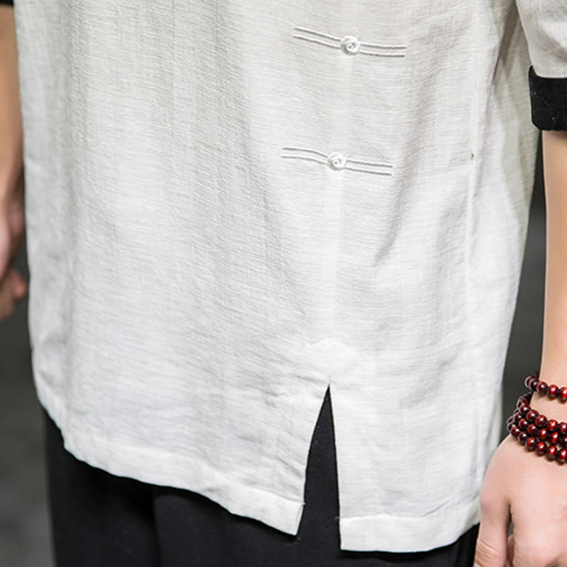 Camiseta de lino y algodón con diseño de patchwork de color sólido retro de verano con Buddha Stones para hombre, manga tres cuartos - image 31