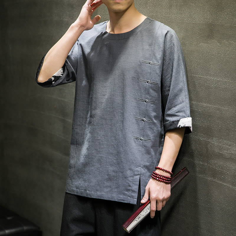 Camiseta de lino y algodón con diseño de patchwork de color sólido retro de verano con Buddha Stones para hombre, manga tres cuartos - image 18