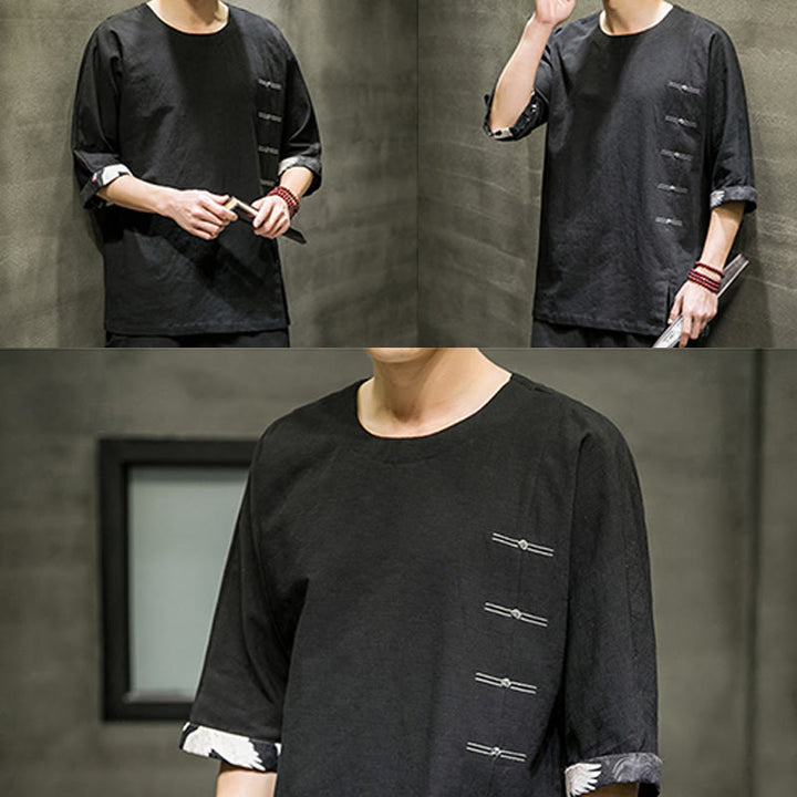 Camiseta de lino y algodón con diseño de patchwork de color sólido retro de verano con Buddha Stones para hombre, manga tres cuartos - image 7
